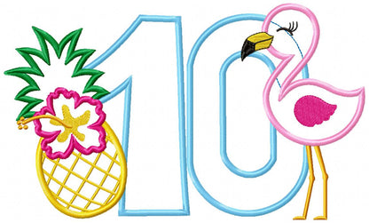 Flamingo and Pineapple with Hibiscus Flower Number Ten 10 Tenth Birthday - Applique