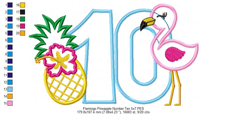 Flamingo and Pineapple with Hibiscus Flower Number Ten 10 Tenth Birthday - Applique