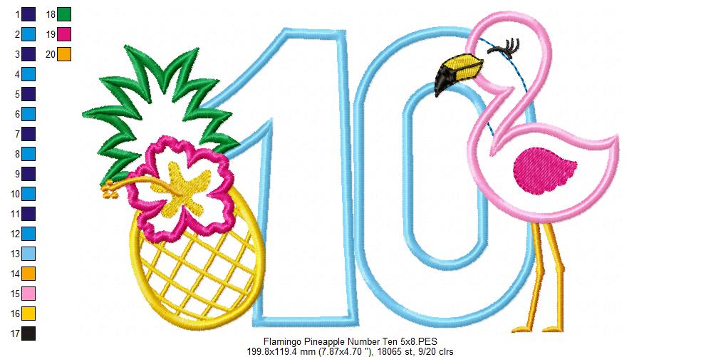 Flamingo and Pineapple with Hibiscus Flower Number Ten 10 Tenth Birthday - Applique
