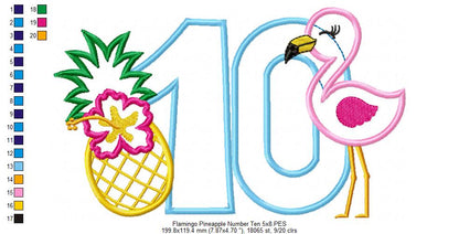 Flamingo and Pineapple with Hibiscus Flower Number Ten 10 Tenth Birthday - Applique