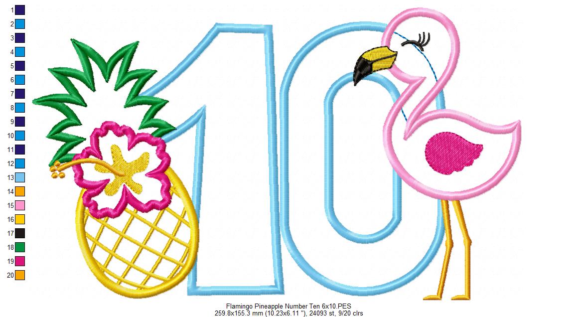 Flamingo and Pineapple with Hibiscus Flower Number Ten 10 Tenth Birthday - Applique