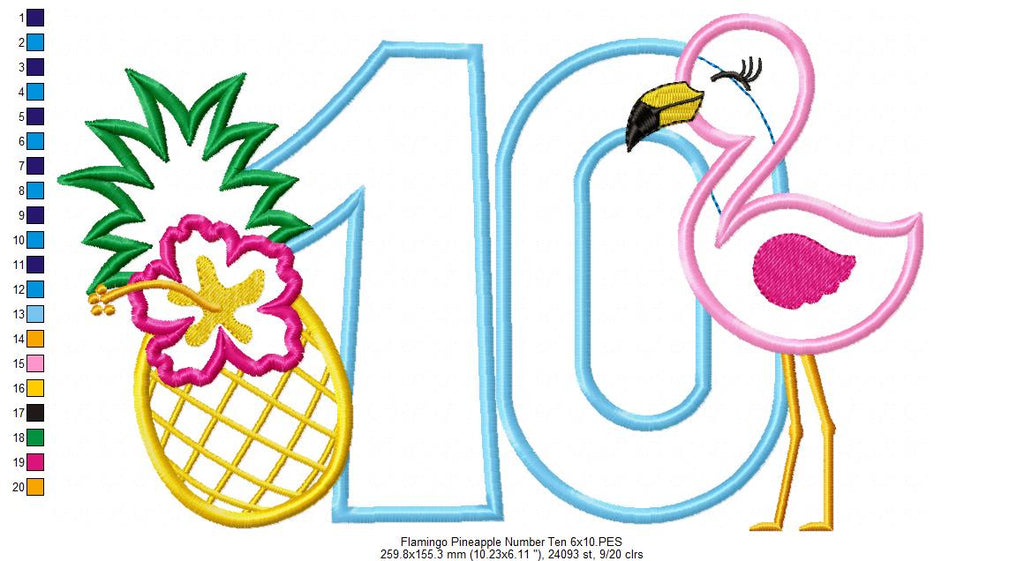 Flamingo and Pineapple with Hibiscus Flower Number Ten 10 Tenth Birthday - Applique
