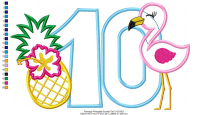 Flamingo and Pineapple with Hibiscus Flower Number Ten 10 Tenth Birthday - Applique