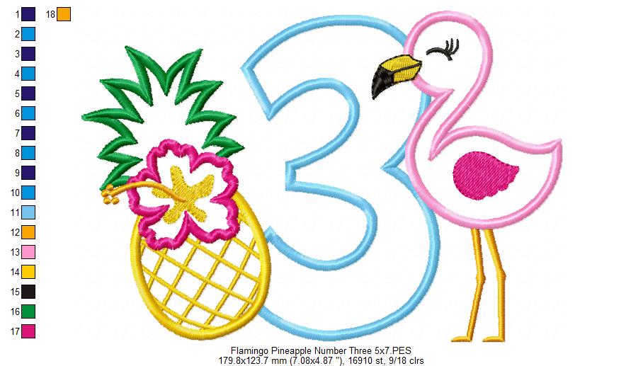 Flamingo and Pineapple with Hibiscus Flower Number 3 Three 3rd Birthday - Applique