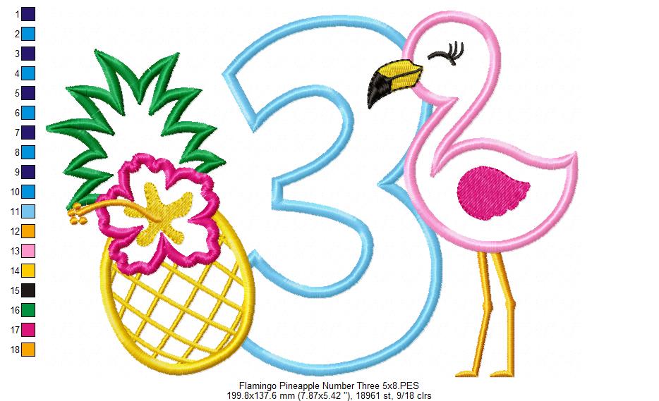 Flamingo and Pineapple with Hibiscus Flower Number 3 Three 3rd Birthday - Applique