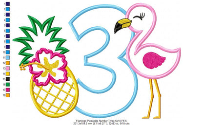 Flamingo and Pineapple with Hibiscus Flower Number 3 Three 3rd Birthday - Applique