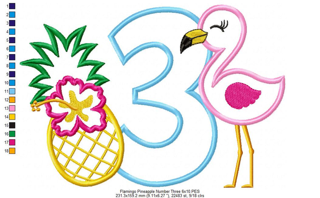 Flamingo and Pineapple with Hibiscus Flower Number 3 Three 3rd Birthday - Applique