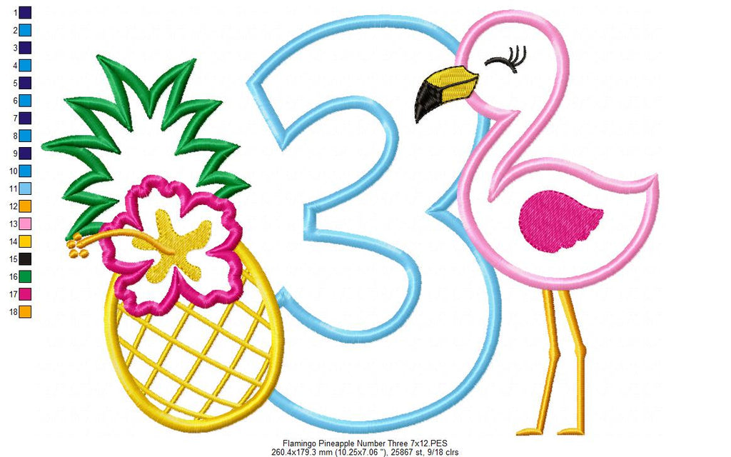 Flamingo and Pineapple with Hibiscus Flower Number 3 Three 3rd Birthday - Applique