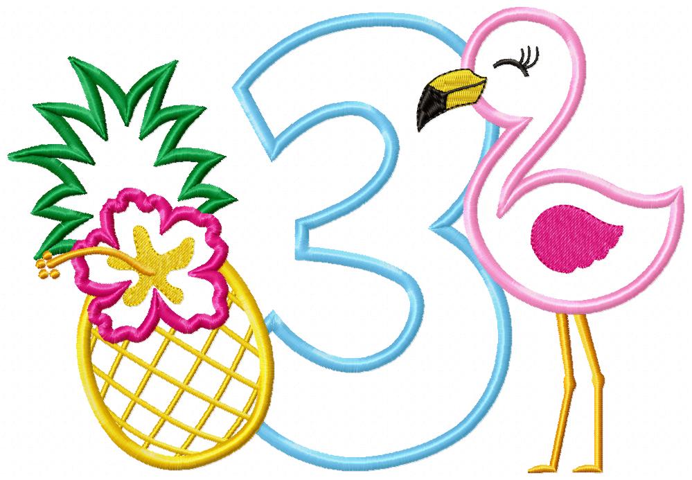 Flamingo and Pineapple with Hibiscus Flower Number 3 Three 3rd Birthday - Applique