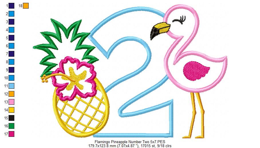 Flamingo and Pineapple with Hibiscus Flower Number 2 Two 2nd Birthday - Applique