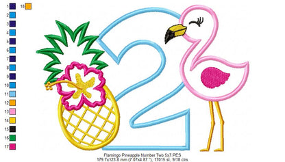 Flamingo and Pineapple with Hibiscus Flower Number 2 Two 2nd Birthday - Applique