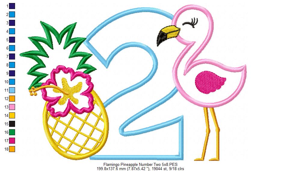 Flamingo and Pineapple with Hibiscus Flower Number 2 Two 2nd Birthday - Applique