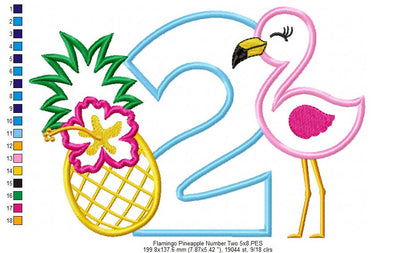 Flamingo and Pineapple with Hibiscus Flower Number 2 Two 2nd Birthday - Applique