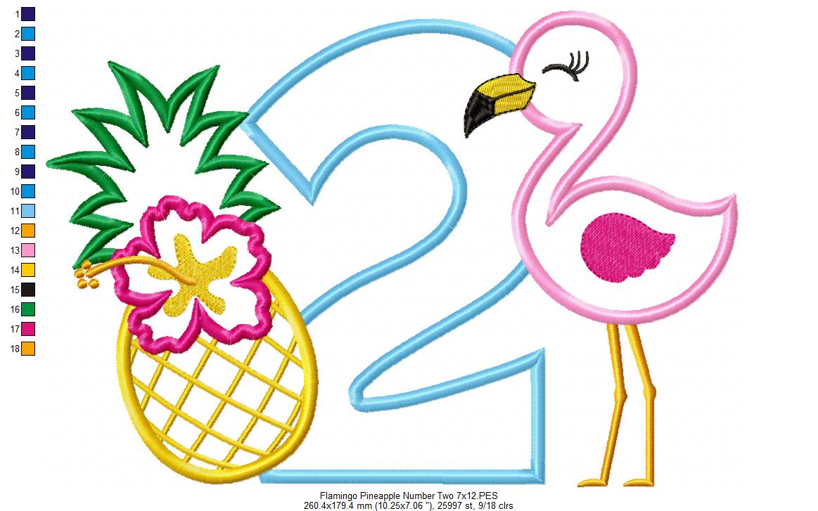 Flamingo and Pineapple with Hibiscus Flower Number 2 Two 2nd Birthday - Applique