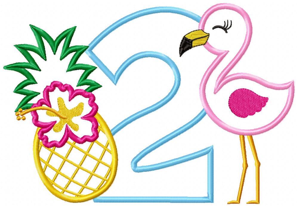 Flamingo and Pineapple with Hibiscus Flower Number 2 Two 2nd Birthday - Applique