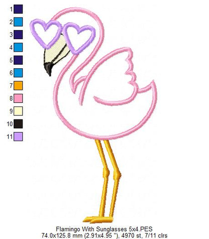Flamingo with Sunglasses - Applique - Machine Embroidery Design