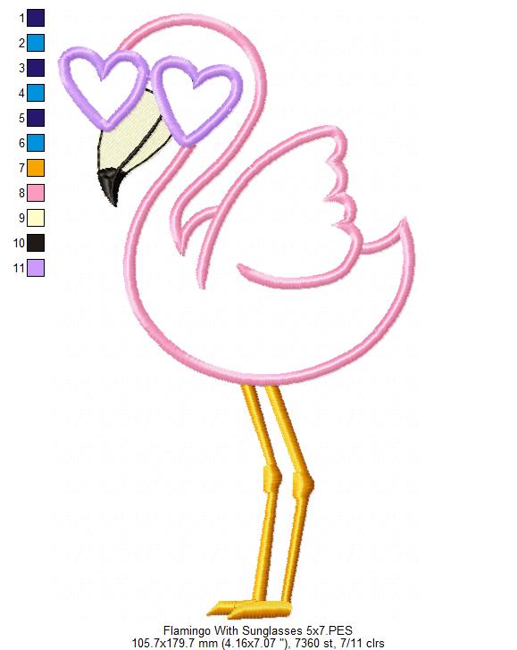 Flamingo with Sunglasses - Applique - Machine Embroidery Design