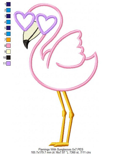 Flamingo with Sunglasses - Applique - Machine Embroidery Design