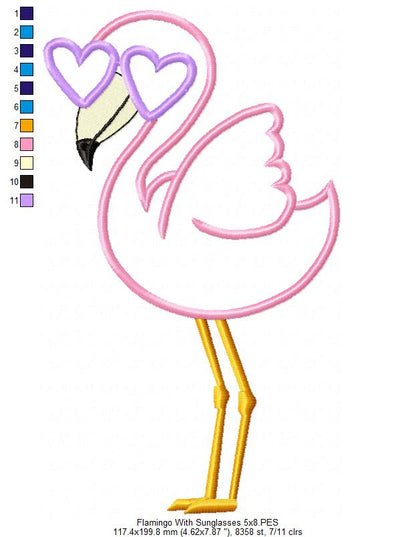 Flamingo with Sunglasses - Applique - Machine Embroidery Design