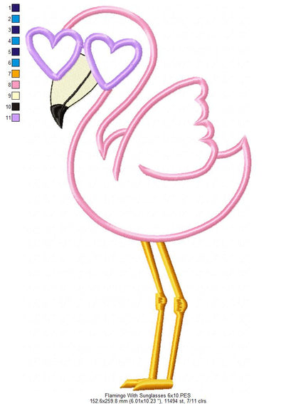 Flamingo with Sunglasses - Applique - Machine Embroidery Design