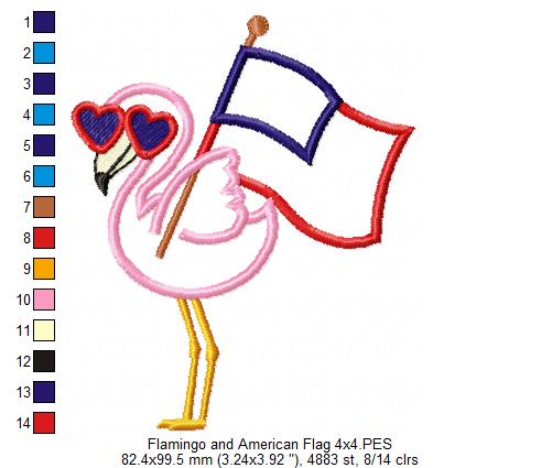 Flamingo and American USA Flag - Applique - Machine Embroidery Design