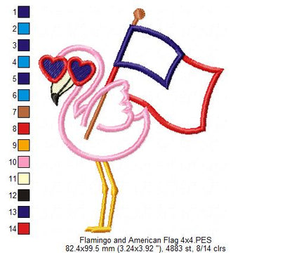 Flamingo and American USA Flag - Applique - Machine Embroidery Design