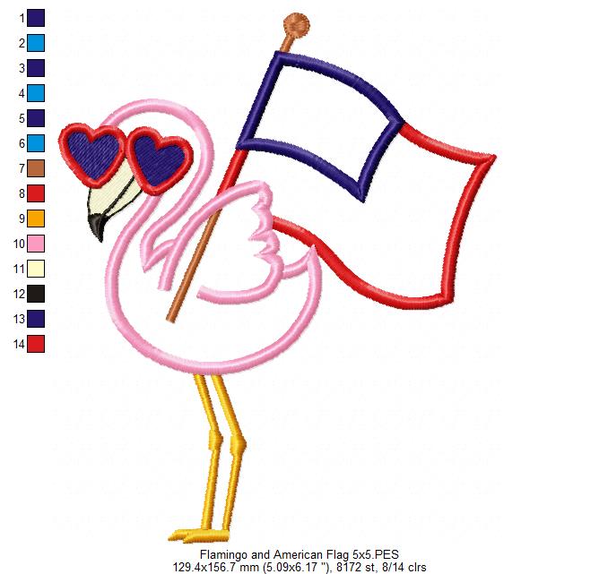 Flamingo and American USA Flag - Applique - Machine Embroidery Design