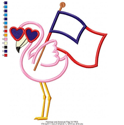 Flamingo and American USA Flag - Applique - Machine Embroidery Design