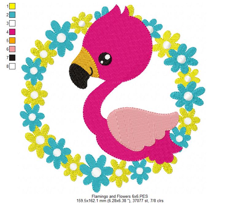 Flamingo and Flowers - Fill Stitch