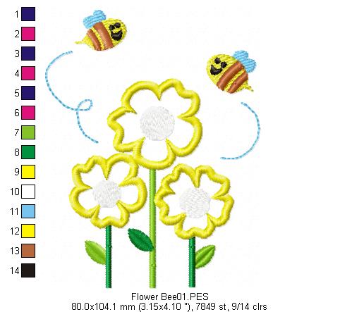 Flower Bees  - Applique - Machine Embroidery Design
