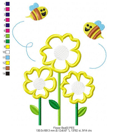 Flower Bees  - Applique - Machine Embroidery Design
