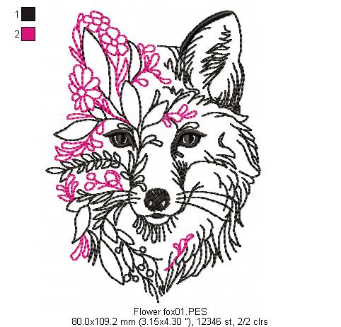 Flower Fox - Redwork
