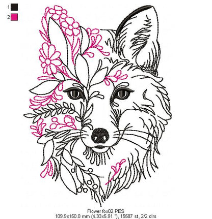 Flower Fox - Redwork