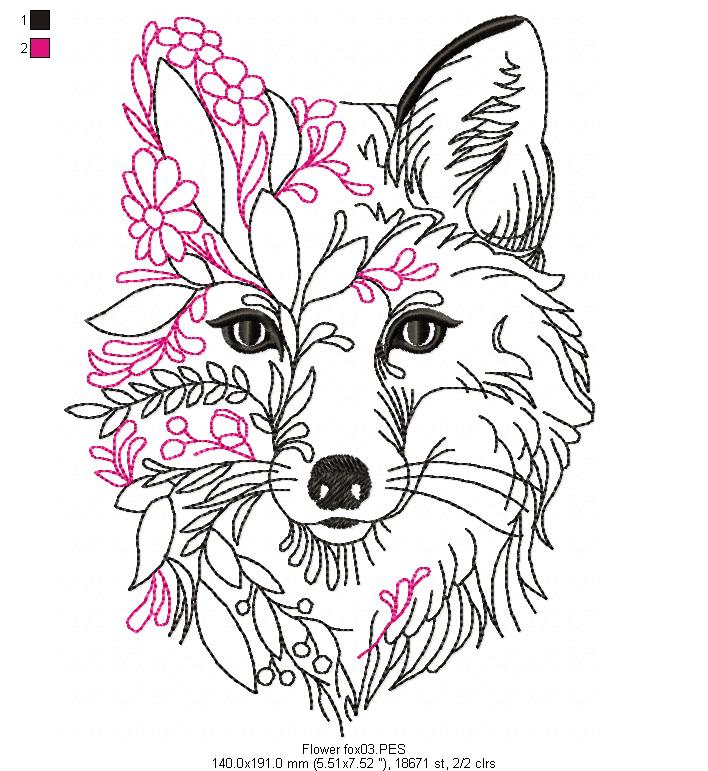Flower Fox - Redwork