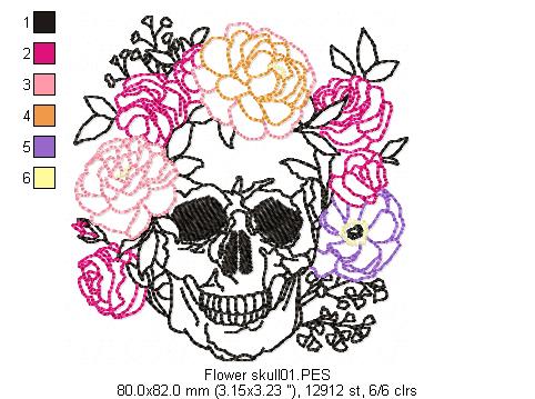 Flower Skull  -  Redwork