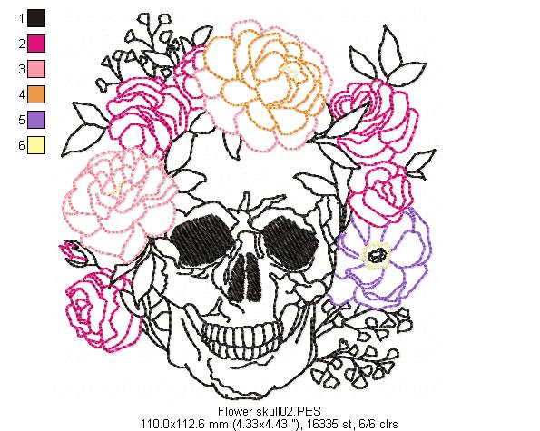 Flower Skull  -  Redwork