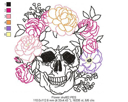 Flower Skull  -  Redwork