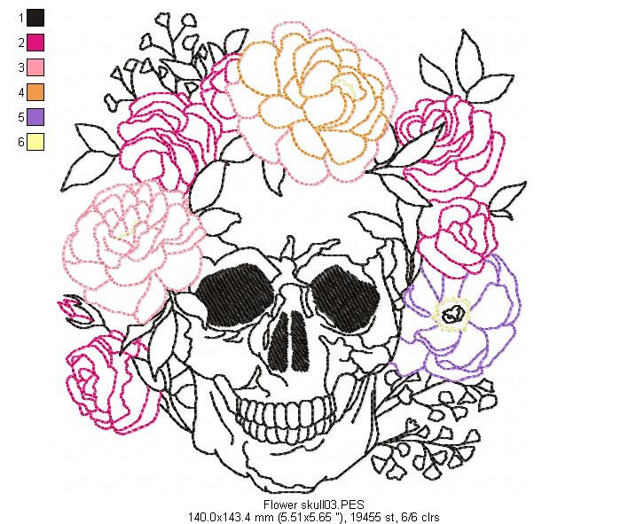 Flower Skull  -  Redwork
