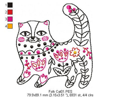 Flower Cat - Redwork