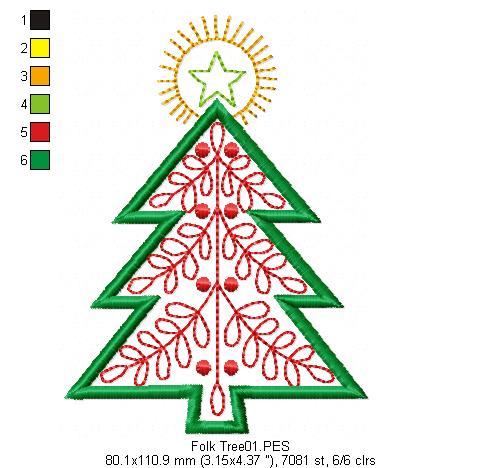Folk Christmas Tree - Applique - Machine Embroidery Design