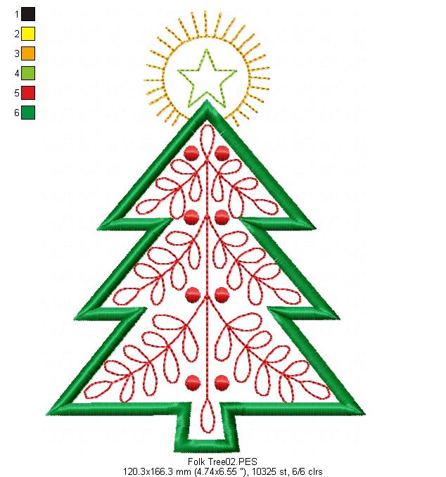 Folk Christmas Tree - Applique - Machine Embroidery Design