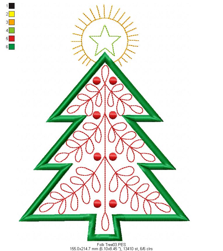 Folk Christmas Tree - Applique - Machine Embroidery Design