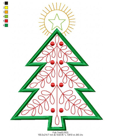 Folk Christmas Tree - Applique - Machine Embroidery Design