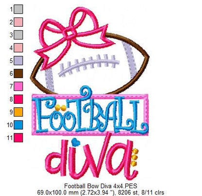Football Bow Diva - Appliqué - Machine Embroidery Design