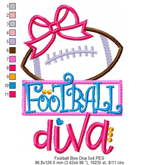 Football Bow Diva - Appliqué - Machine Embroidery Design