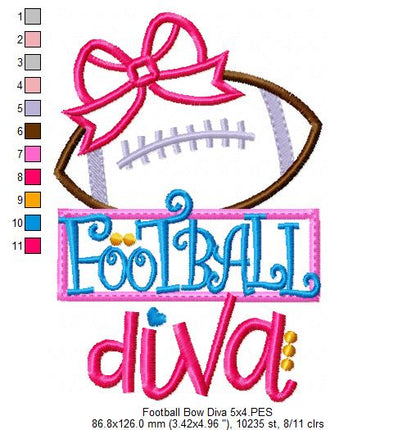 Football Bow Diva - Appliqué - Machine Embroidery Design