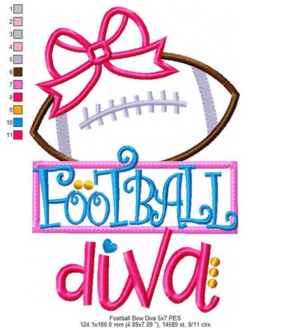 Football Bow Diva - Appliqué - Machine Embroidery Design