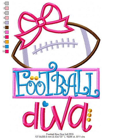 Football Bow Diva - Appliqué - Machine Embroidery Design