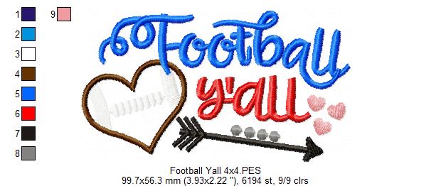 Football Y’all Heart - Appliqué - Machine Embroidery Design