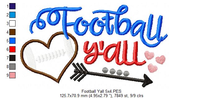 Football Y’all Heart - Appliqué - Machine Embroidery Design